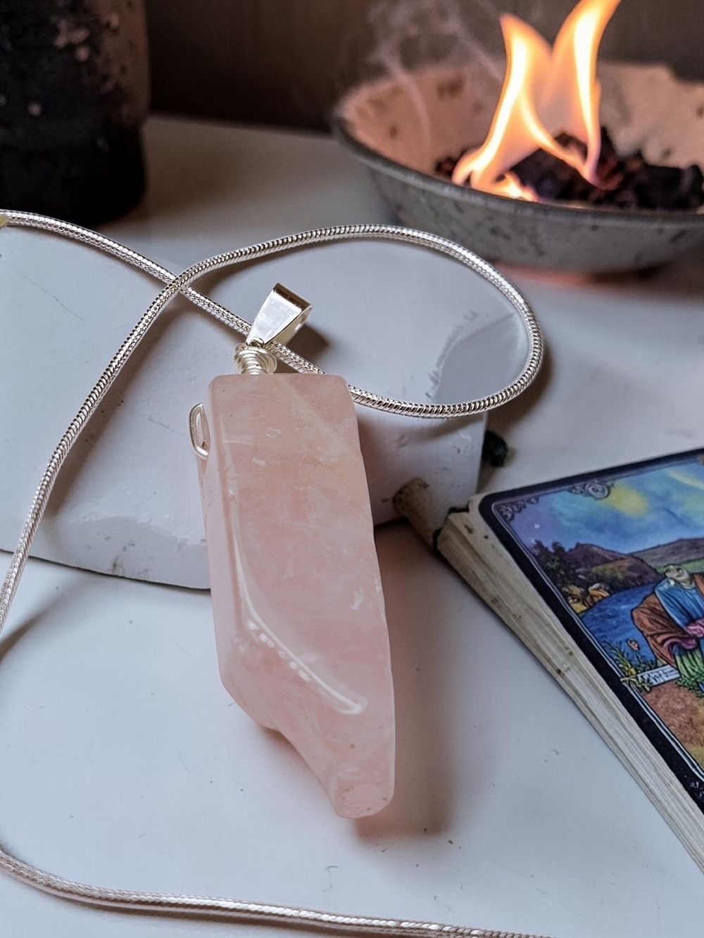 Handmade Rose Quartz Pendant Necklace - Pink Stone on Silver Chain